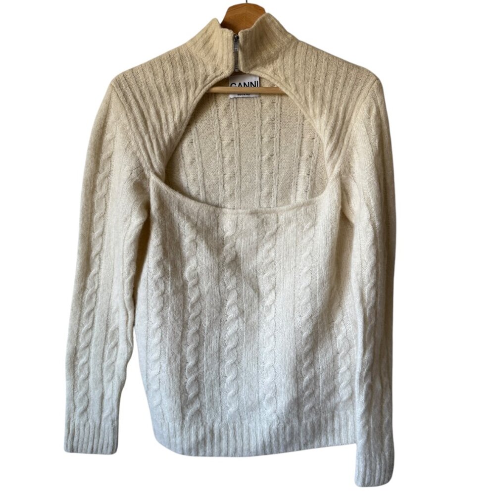 Ganni Cable Knit Keyhole Alpaca Blend Sweater Mock Neck Cut Out Zip Up Ivory